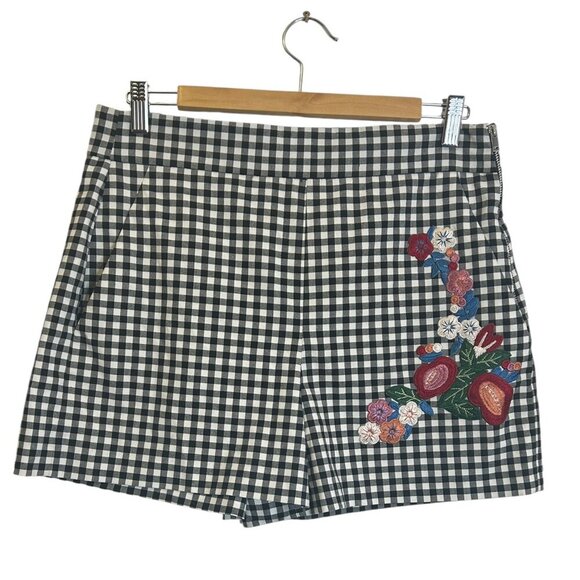 Zara Woman Black White Gingham Floral Shorts Hot Pants Embroidery Sz L High Rise - Picture 2 of 8